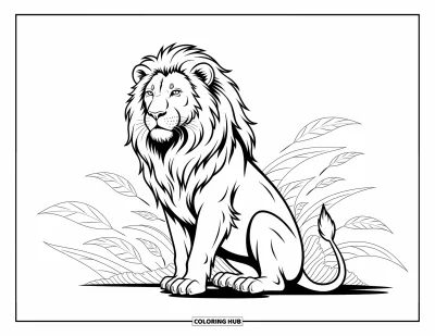 Coloriage de lion pour enfants : Un lion à la crinière fluide se repose parmi des feuilles détaillées, dégageant puissance et grâce