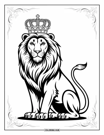 Coloriage de lion pour enfants : Un lion à grande couronne veille sur son royaume avec une confiance tranquille