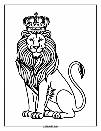 Coloriage de lion pour enfants : Un lion coiffé d’une majestueuse couronne se tient bien droit, dégageant force et autorité