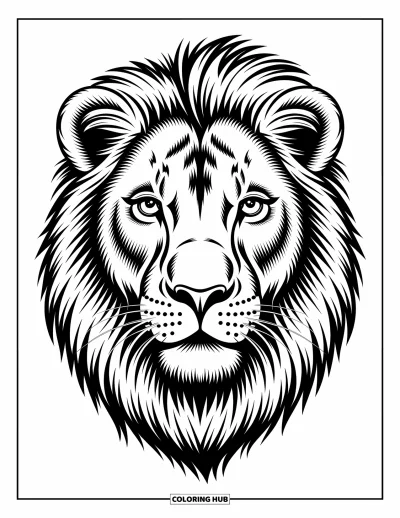 Coloriage de lion pour enfants : Le regard intense d’un lion et sa crinière détaillée composent un portrait audacieux plein de force