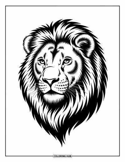 Coloriage de lion pour enfants : Le regard intense d’un lion et sa crinière sauvage composent un portrait fort et expressif