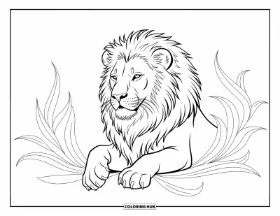 Coloriage de lion pour enfants : La crinière d’un lion tombe comme une couronne tandis qu’il se repose parmi de fines feuilles tourbillonnantes