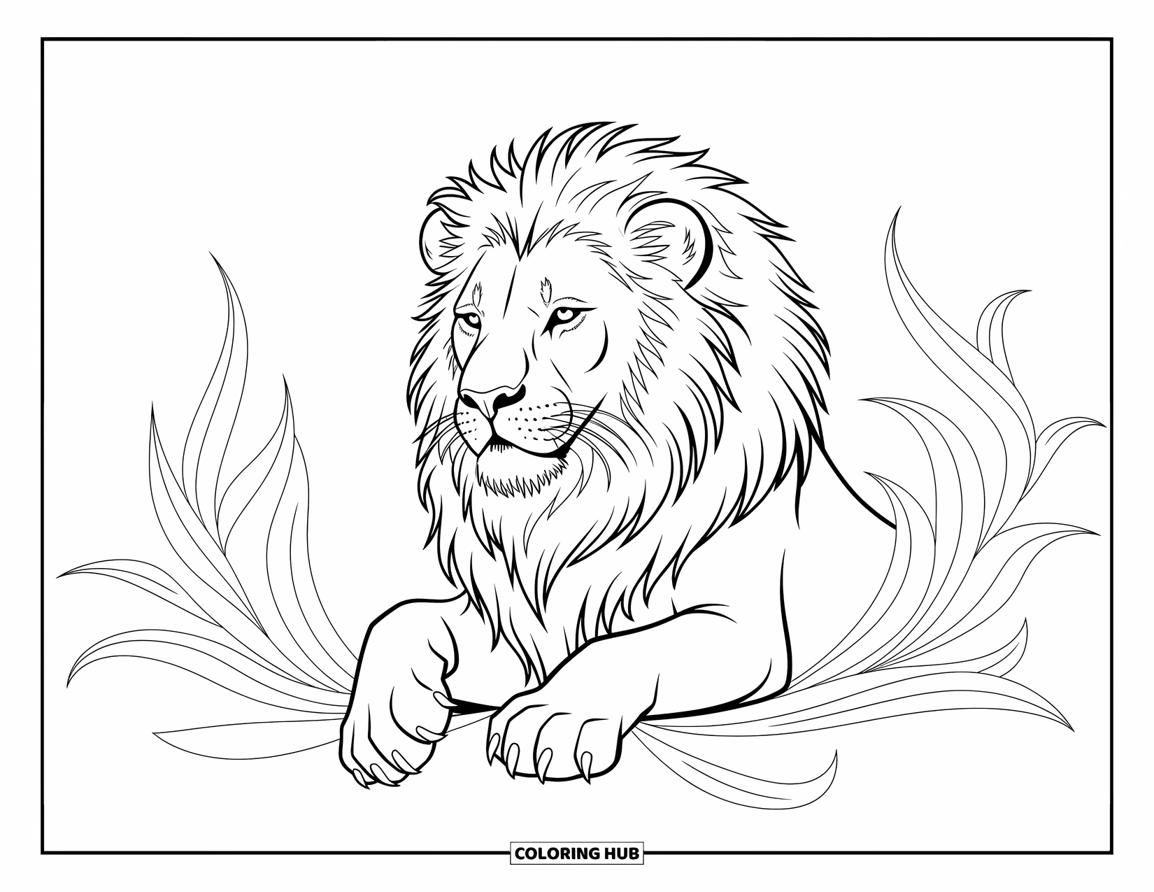 Lion Coloring Page for Kids: A lion's mane flows like a crown as it rests among delicate, swirling leaves