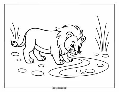 Coloriage de lion pour enfants : Un petit lion observe son reflet, fasciné par l’eau ondulante