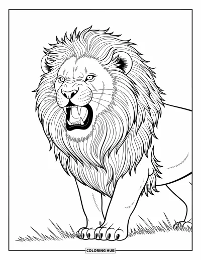 Coloriage de lion pour enfants : Un lion majestueux pousse un rugissement puissant, sa crinière tourbillonnante pleine de mouvement