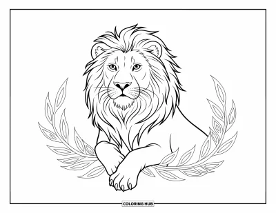 Coloriage de lion pour enfants : Un lion majestueux est assis parmi des feuilles tourbillonnantes, son regard réfléchi empreint de calme