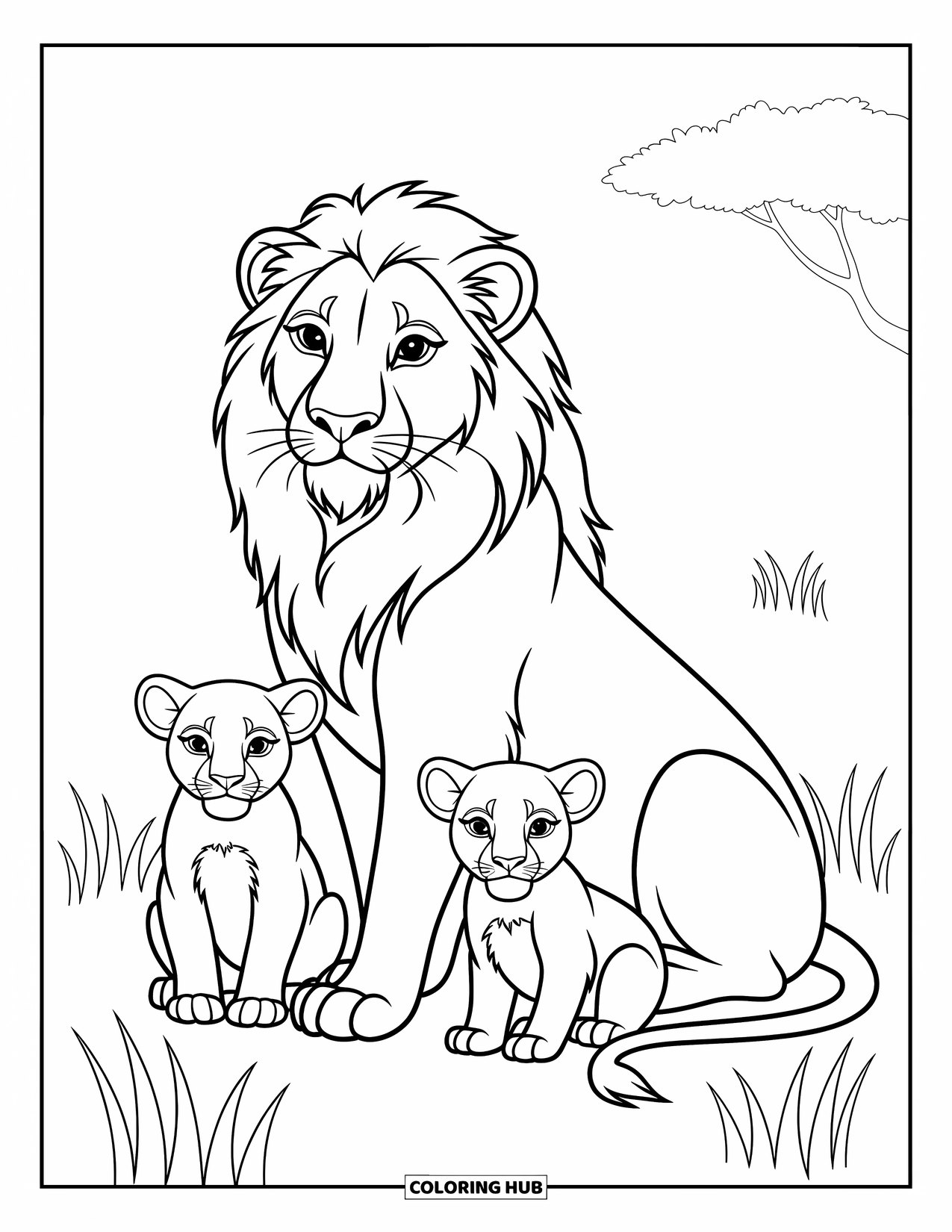 Lion Coloring Page for Kids: A majestic lion sits with its cubs, surrounded by gentle grass and wildflowers