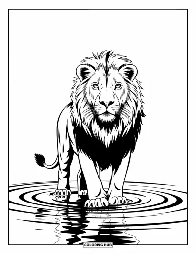 Coloriage de lion pour enfants : Un lion majestueux se tient debout dans l’eau, entouré de rides légères et d’une grande grâce