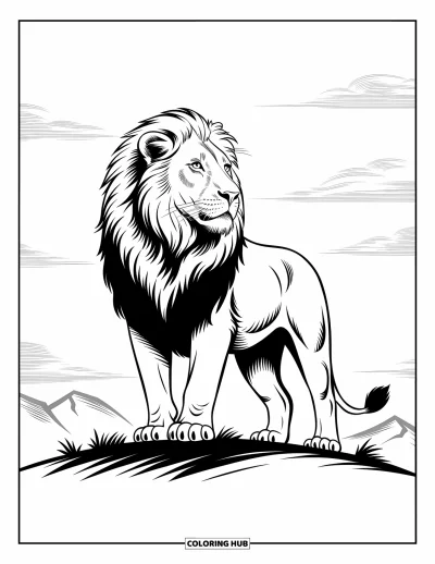 Coloriage de lion pour enfants : Un lion majestueux se dresse sur une colline, regardant l’horizon lointain avec une force tranquille