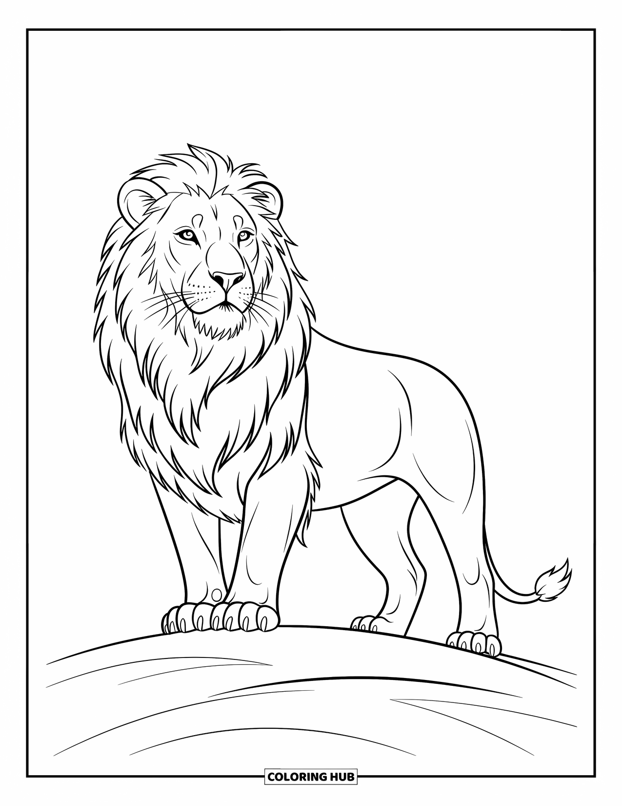 Lion Coloring Page for Kids: A majestic lion surveys the horizon, standing proudly with a calm, steady gaze