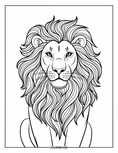 Coloriage de lion pour enfants : La crinière tourbillonnante d’un lion majestueux se déploie en motifs raffinés, pour un style moderne et expressif