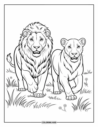 Coloriage de lion pour enfants : Un lion et une lionne courent avec grâce dans l’herbe, débordants de vitalité