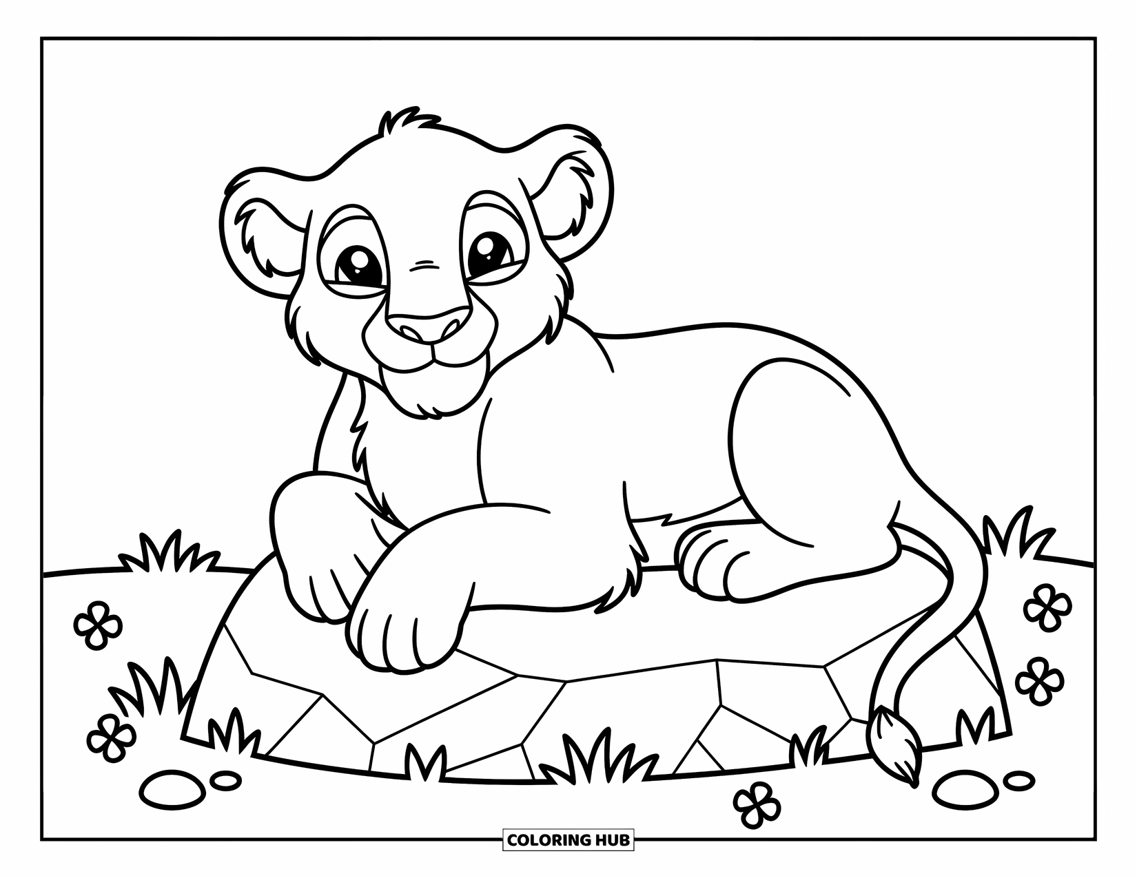 Lion Coloring Page for Kids: A peaceful lion rests on a rock, surrounded by scattered wildflowers and soft clouds