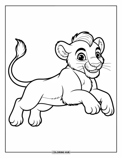 Coloriage de lion pour enfants : Un lionceau joueur saute en plein air, son corps étiré dans une pose vive et énergique