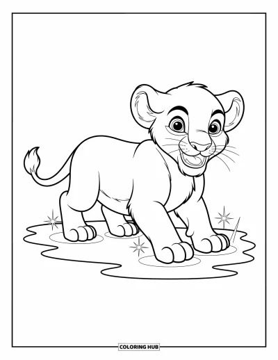 Coloriage de lion pour enfants : Un lionceau joueur éclabousse une flaque, sa queue remuant d’enthousiasme