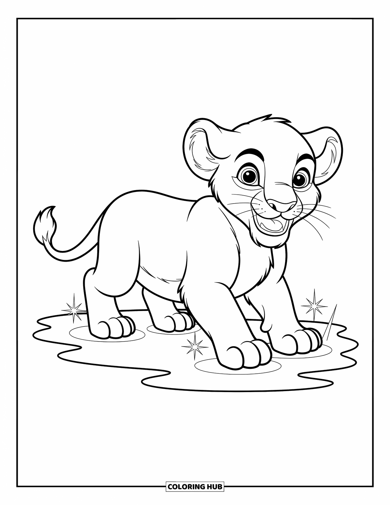 Lion Coloring Page for Kids: A playful lion cub splashes in a puddle, its tail wagging with excitement