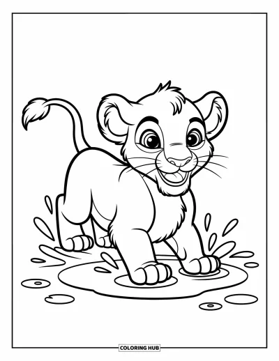 Coloriage de lion pour enfants : Un lionceau espiègle éclabousse une flaque, envoyant de petites ondulations sur l’eau