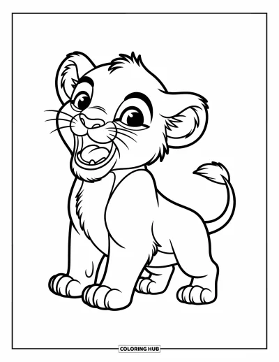 Coloriage de lion pour enfants : Un lionceau joueur se tient sur ses pattes arrière et pousse un rugissement adorable