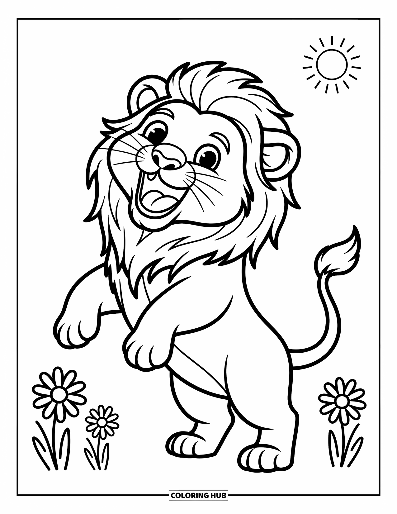Lion Coloring Page for Kids: A playful lion cub stands on its hind legs, letting out an adorable roar