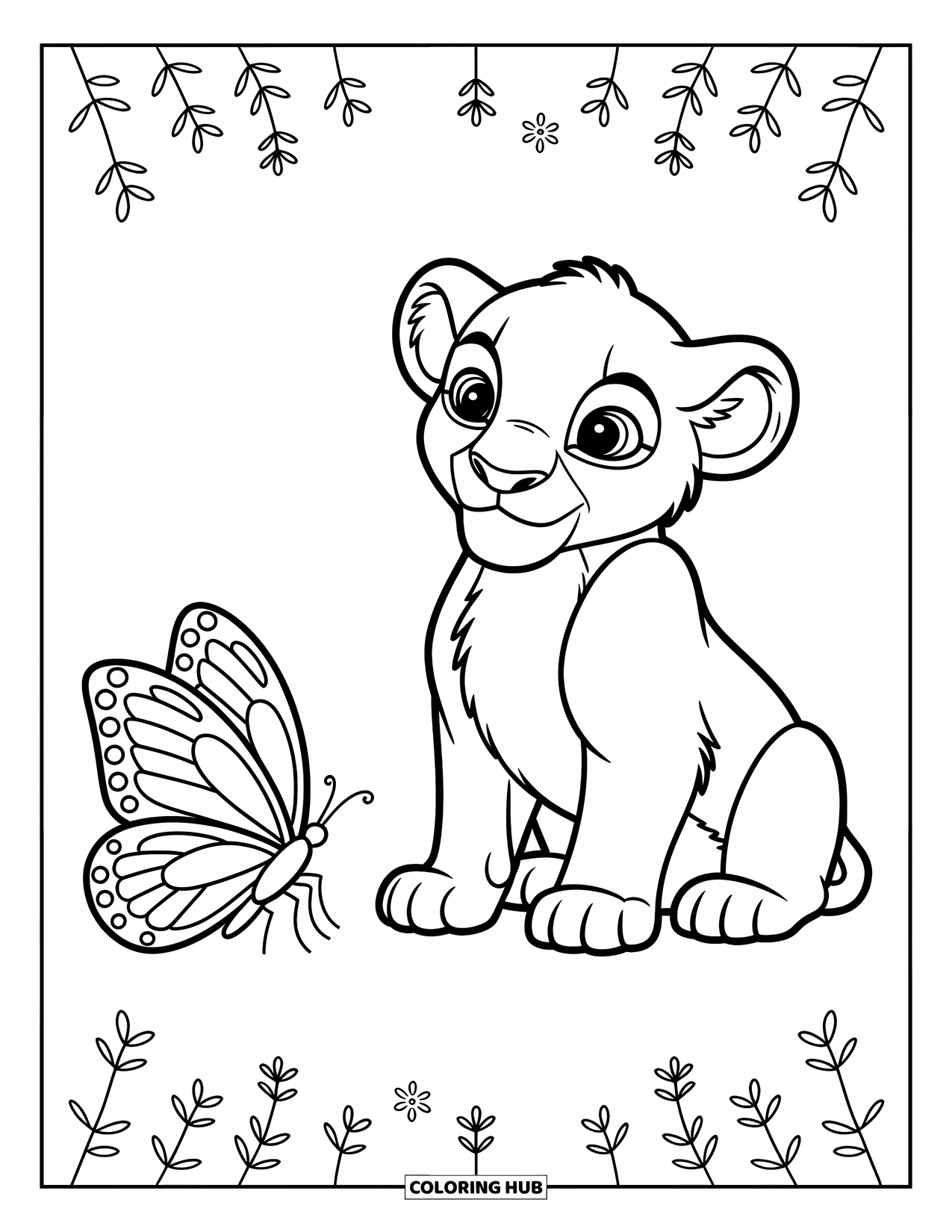 Lion Coloring Page for Kids: A playful lion cub tilts its head as a butterfly flutters nearby