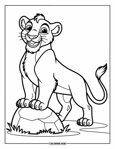 Coloriage de lion pour enfants : Un lion joueur pose sur un rocher, sa crinière fluide lui donnant un air amusant et engageant