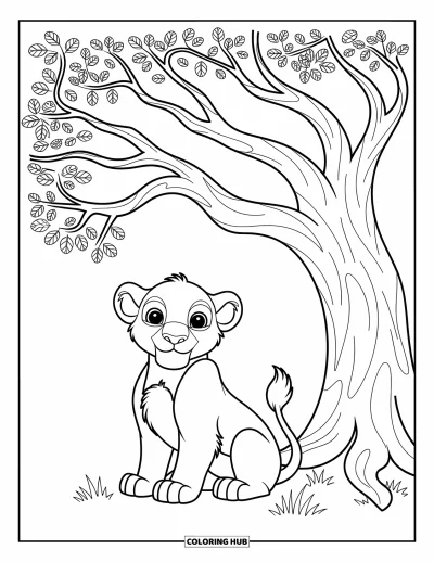 Coloriage de lion pour enfants : Un lion joueur se repose sous un arbre étendu, sa queue confortablement enroulée autour de ses pattes