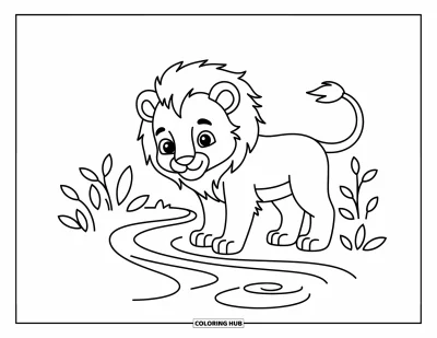 Coloriage de lion pour enfants : Un lion joueur observe son reflet dans un petit ruisseau, plein de curiosité