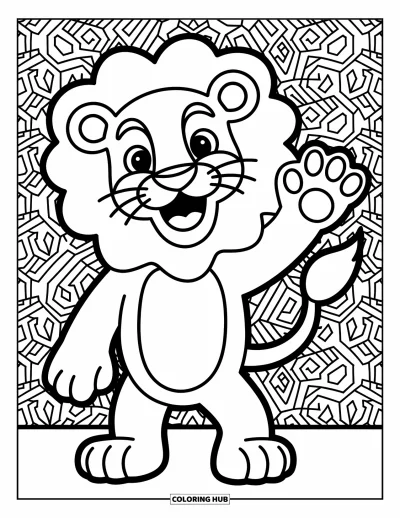 Coloriage de lion pour enfants : Un lion joueur salue joyeusement, son visage expressif débordant de chaleur et d’enthousiasme