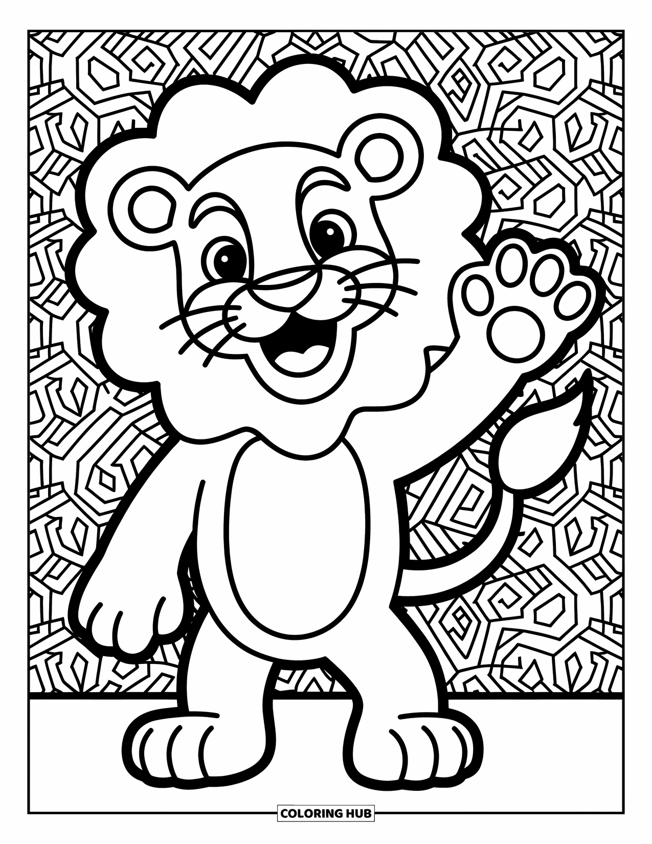Lion Coloring Page for Kids: A playful lion waves happily, its expressive face full of warmth and excitement