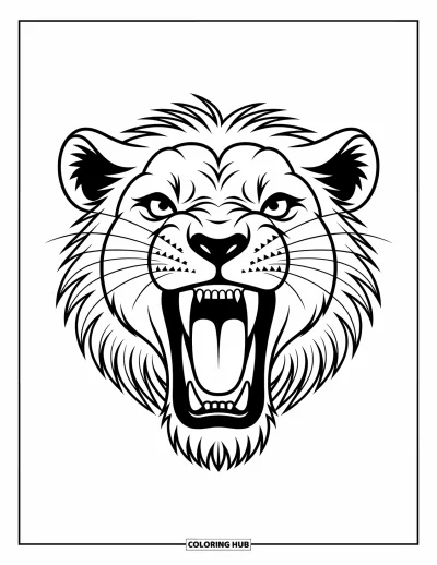 Coloriage de lion pour enfants : Un lion puissant pousse un rugissement impressionnant, sa crinière sauvage flottant avec intensité