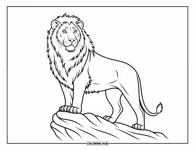 Coloriage de lion pour enfants : Un lion puissant perché sur un rocher observe les environs avec une force calme