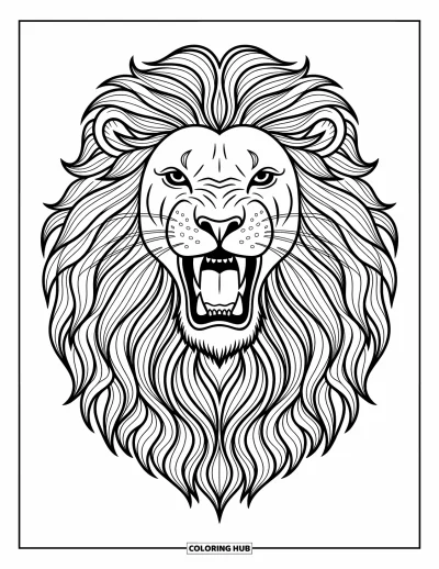 Coloriage de lion pour enfants : Un lion puissant rugit, sa crinière ondoyante créant une image forte et marquante