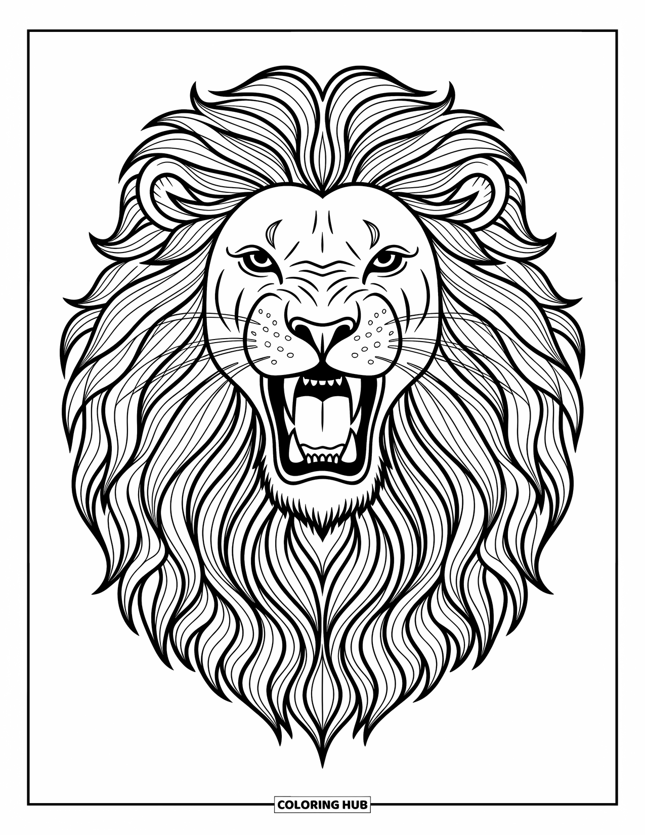 Lion Coloring Page for Kids: A powerful lion roars, its flowing mane creating a bold and striking image