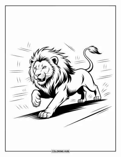 Coloriage de lion pour enfants : Un lion puissant court à pleine vitesse, sa crinière sauvage portée par l’élan