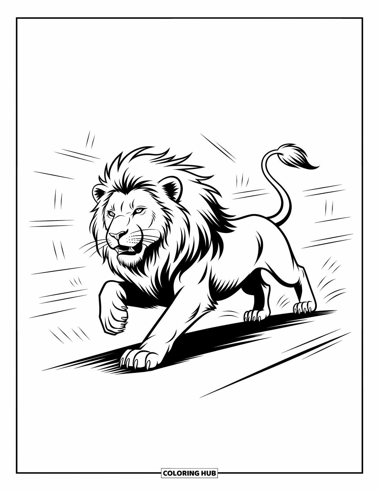 Lion Coloring Page for Kids: A powerful lion runs at full speed, its wild mane flowing with energy