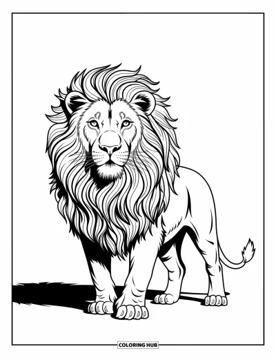 Coloriage de lion pour enfants : Un lion puissant à la crinière aux motifs uniques rayonne d’assurance et d’un style artistique moderne