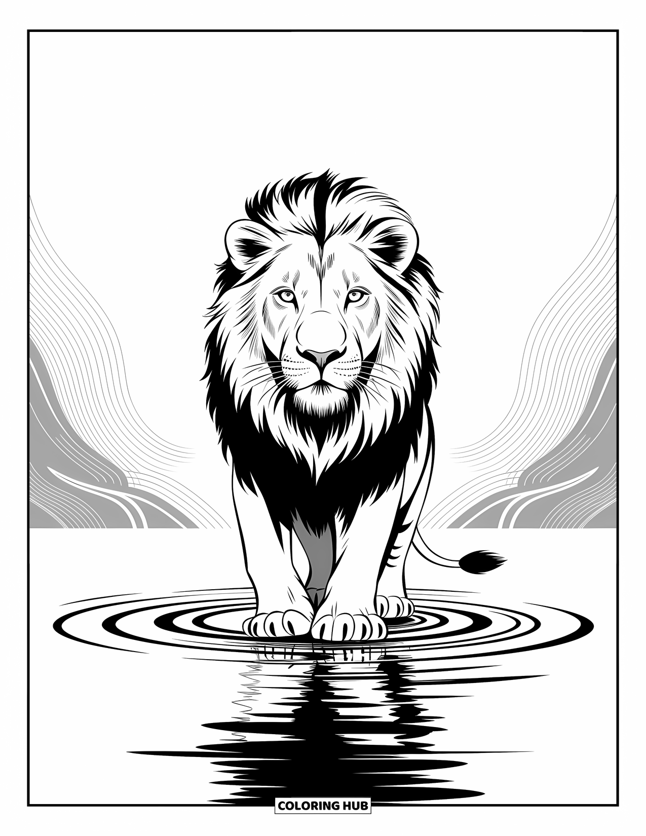 Lion Coloring Page for Kids: A powerful lion's presence disturbs the water's surface, adding depth and movement to the scene