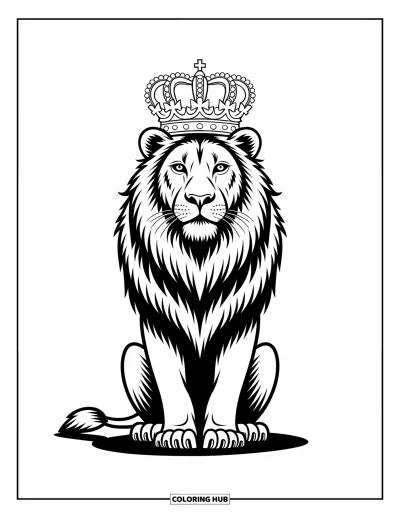 Coloriage de lion pour enfants : Un lion royal est assis fièrement, une grande couronne posée sur sa tête imposante