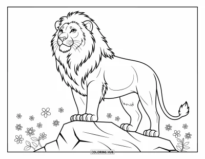 Coloriage de lion pour enfants : Un lion royal se tient sur un promontoire rocheux, regardant au loin avec fierté