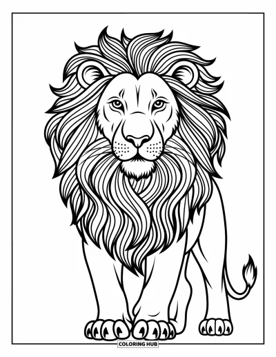 Coloriage de lion pour enfants : La crinière d’un lion royal coule en motifs détaillés, créant un style audacieux et expressif
