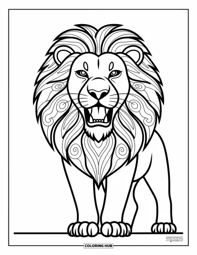 Coloriage de lion pour enfants : Un lion rugissant se tient fièrement, sa crinière tourbillonnante renforçant sa présence féroce