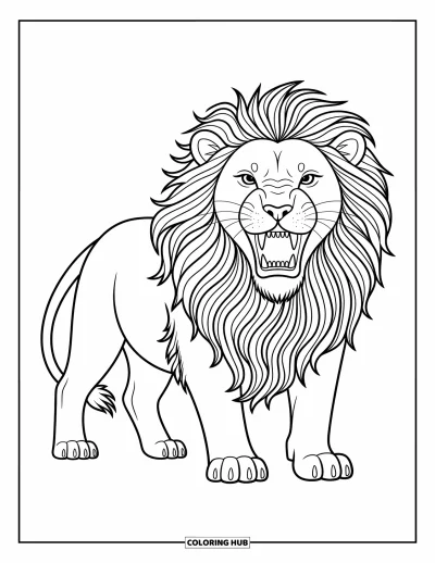 Coloriage de lion pour enfants : Un lion rugissant se tient bien droit, sa crinière tourbillonnante accentuant son énergie farouche