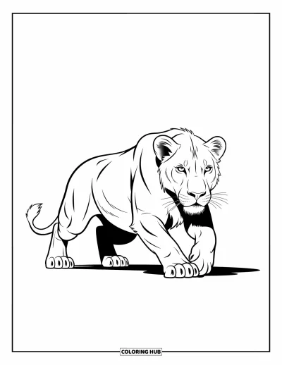 Coloriage de lion pour enfants : Un lion élancé, prêt à bondir, dégage énergie et force dans une composition frappante