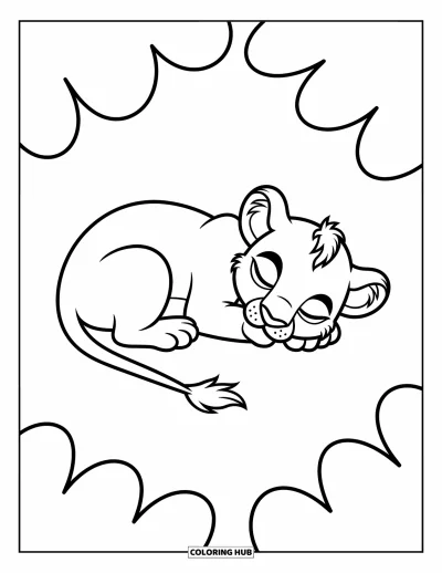 Coloriage de lion pour enfants : Un lionceau endormi repose paisiblement, son petit corps recroquevillé pour une sieste tranquille