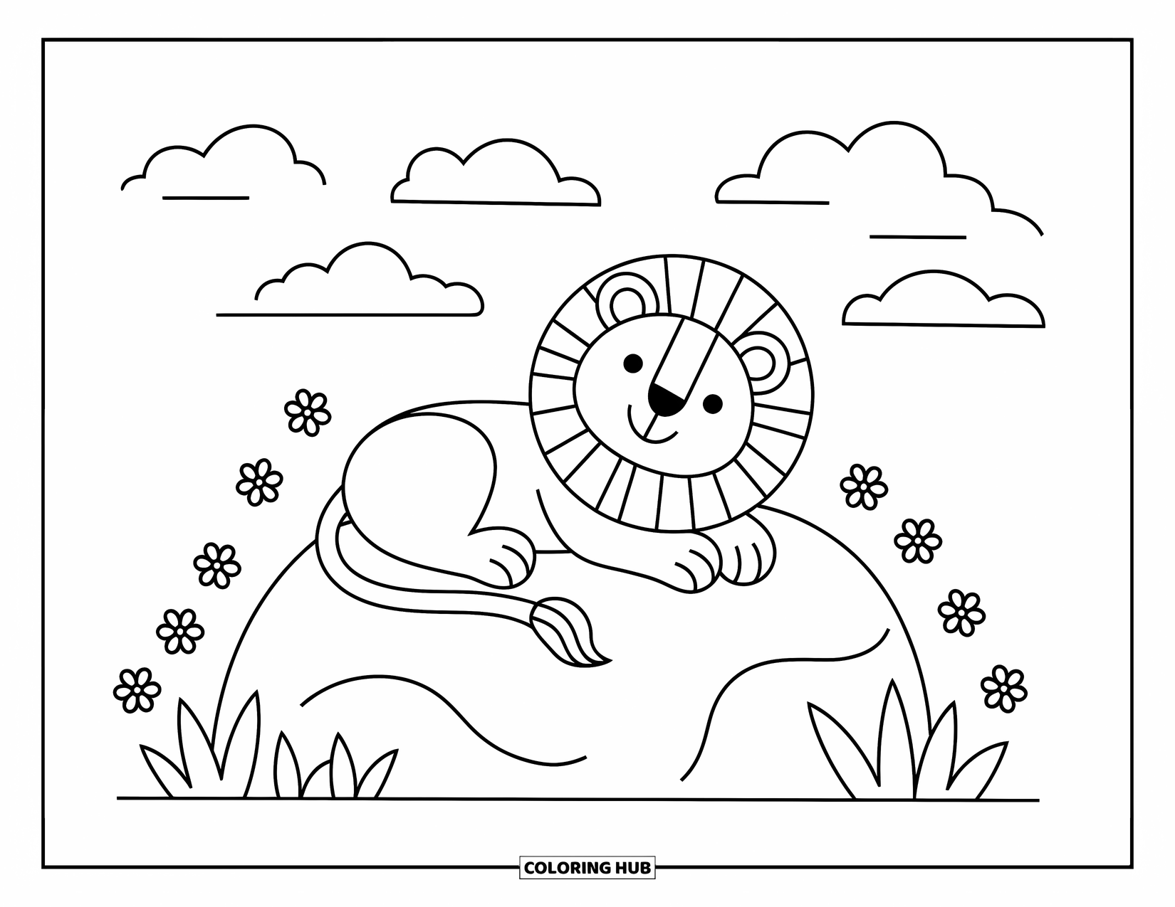 Lion Coloring Page for Kids: A sleepy lion rests on a rock, surrounded by small flowers and a gentle sunbeam