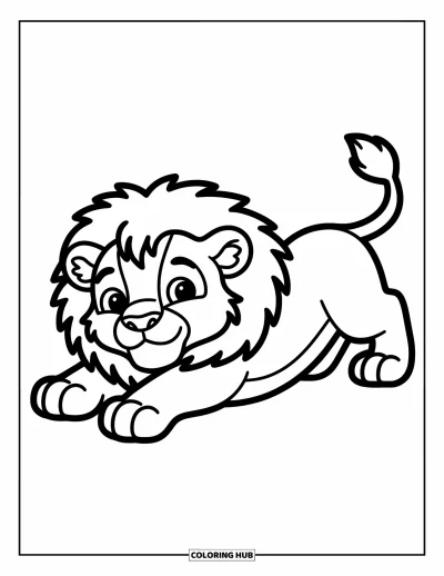 Coloriage de lion pour enfants : Un lion somnolent s’étire avec un grand bâillement, chassant sa sieste dans une pose joyeuse