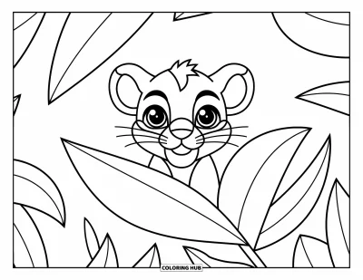 Coloriage de lion pour enfants : Un petit lion se cache derrière une feuille courbée, jetant un regard malicieux