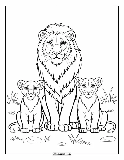Coloriage de lion pour enfants : Un lion puissant veille sur deux lionceaux, leur énergie joyeuse illuminant la scène