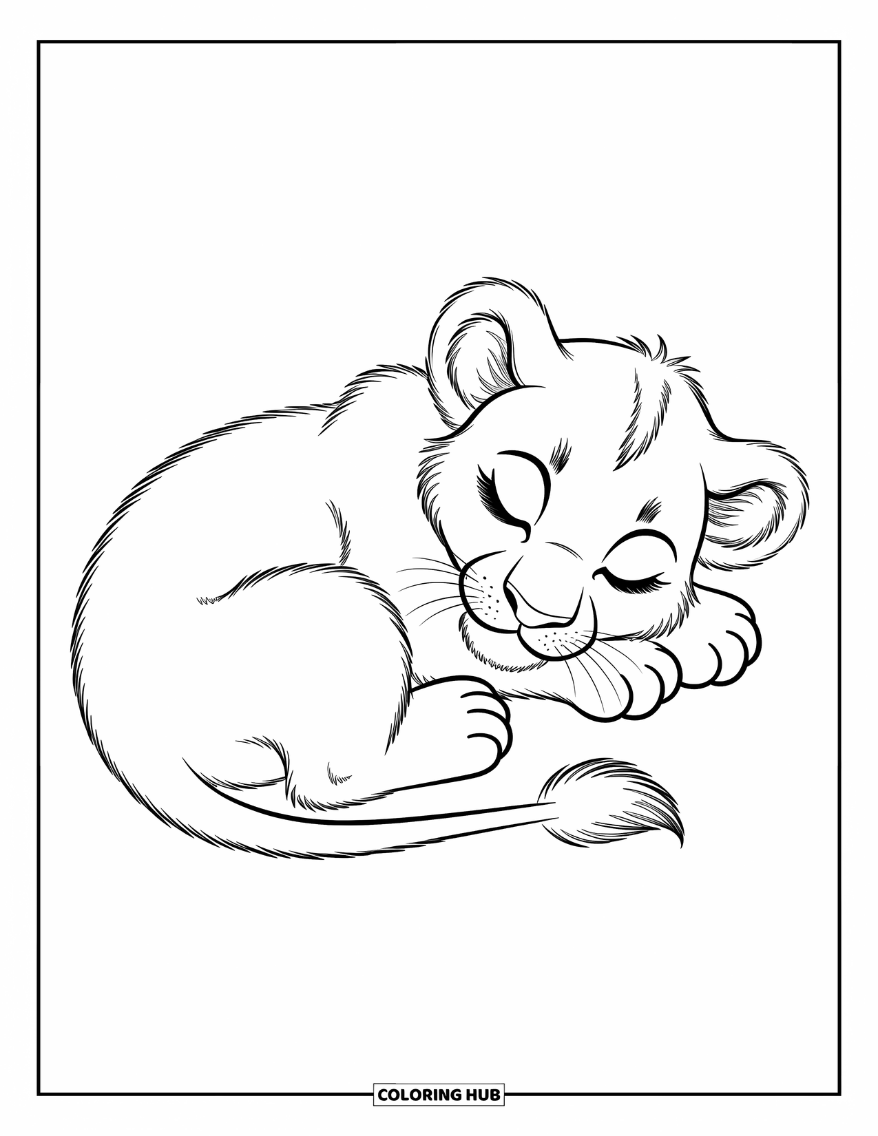 Lion Coloring Page for Kids: A tiny lion cub naps with its fluffy tail wrapped around its relaxed body