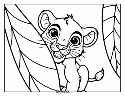 Coloriage de lion pour enfants : Un tout petit lion apparaît derrière une grande feuille, ses grands yeux pleins de curiosité
